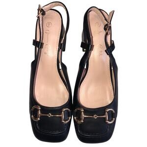 Horsebit Slingback Chunky Heel Shoes Size 9 Black Leather Equestrian Square Toe